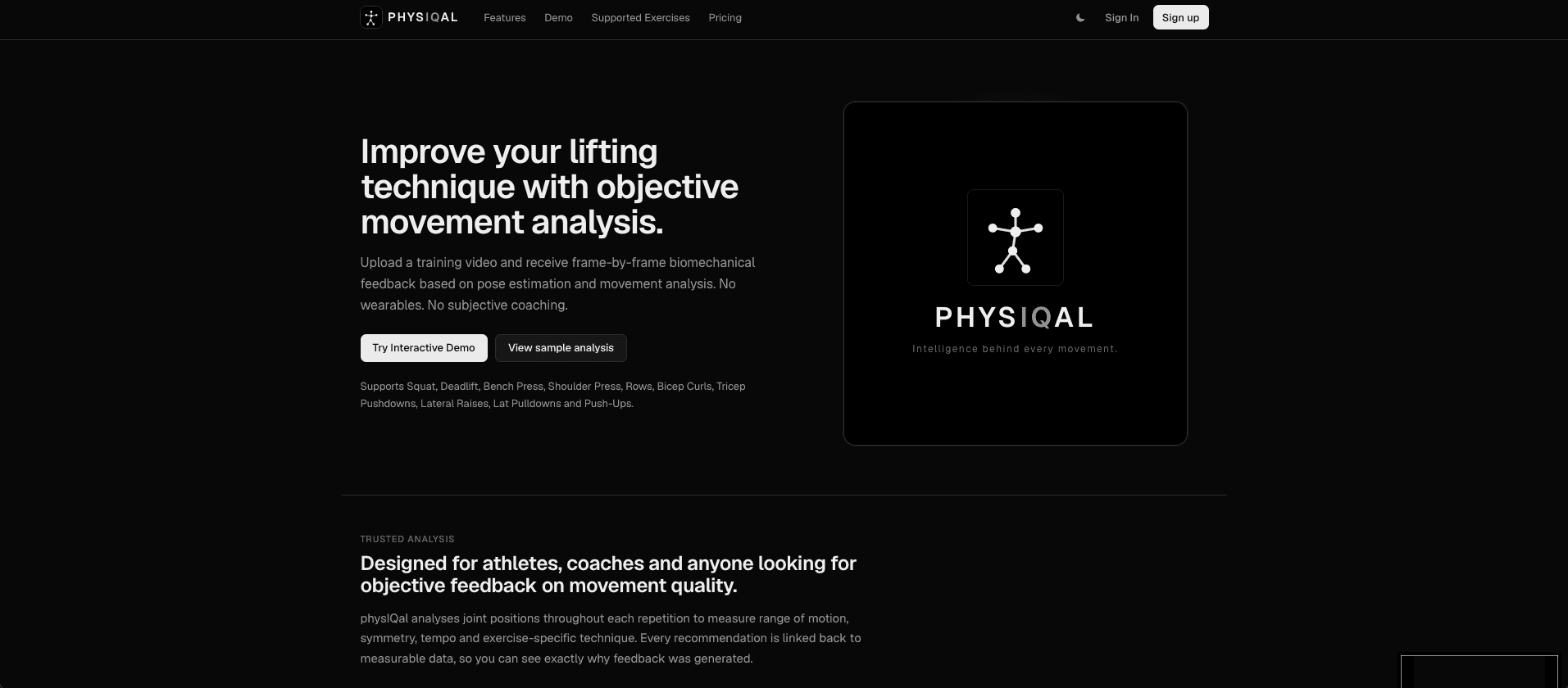 physIQal landing page offering frame-by-frame biomechanical feedback from an uploaded training video, listing the supported lifts.
