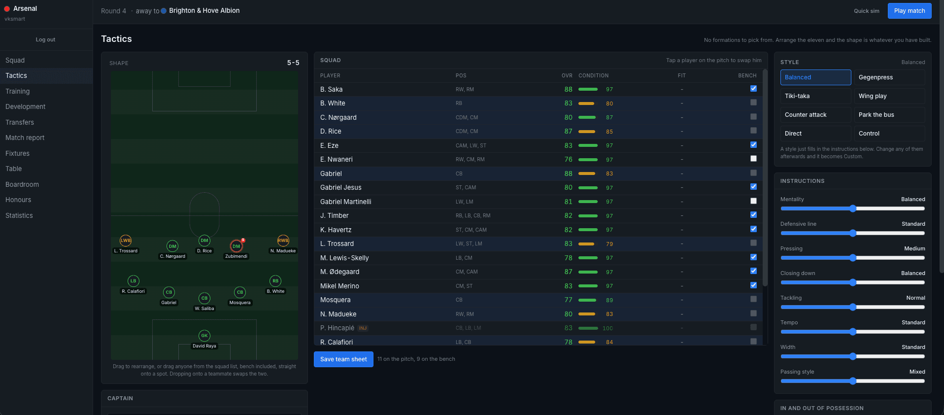 The tactics screen: a drag-to-arrange pitch shape on the left, the full squad list with ratings and condition in the centre, and style and instruction sliders on the right.